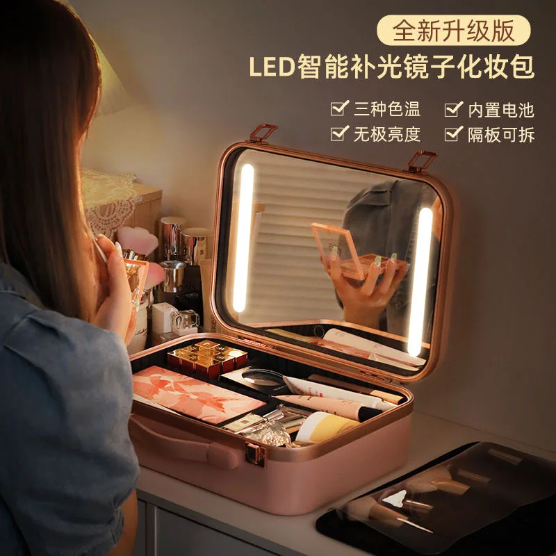 2023 Nový Smart LED Osvětlené Kosmetické Pouzdro se Zrcátkem LED Přenosná Kosmetická Taška Velká kapacita Cestovní necesér Pro Ženy