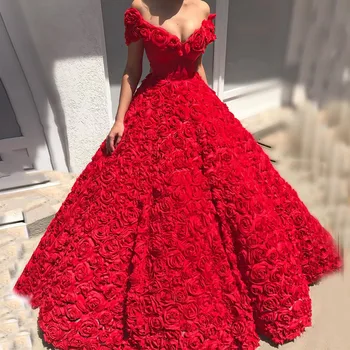 2023 Sexy Červené Večerní Šaty Dlouhé Luxusní V-Neck Off-The-Rameno Opuchlé Ples Šaty 3D Květina A-Line Elegantní Formální Party Šaty