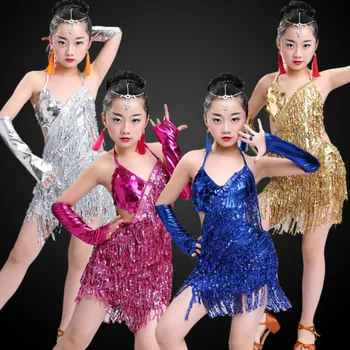 Děti je latinské taneční šaty kostým dívčí skupině soutěže praxe šaty flitr kostýmy, taneční soutěžní šaty