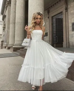 Jednoduché Bílé Svatební Šaty Šifon Vestido De Novia Čaj-Délka Princesa Vintage Svatební Šaty Míč Svatební Šaty Roku 2022 Pro Ženy