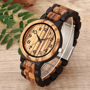 Módní Plné Dřevěné Hodinky Muži Přírodní Zebra Dřevo Quartz Náramkové hodinky Minimalistické Hodinky, Dárek pro Přítele Reloj De Madera