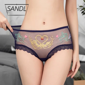 SANDL spodní Prádlo Ženy Kalhotky Sexy Krajkové Bavlněné Kalhotky Transparentní Poloviny Pasu Kalhotky Swan Vzor Ženské spodní Prádlo Móda