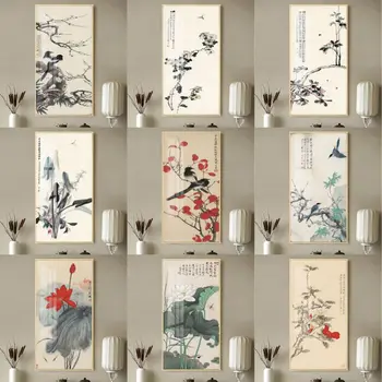 Vintage Čínský Styl Lotus Koi Ryby, Květiny, Pták, Plátno, Malba, Plakáty, Tisky Umění Zdi Obraz Obývací Pokoj Domácí Dekor Cuadros