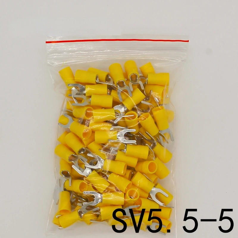 SV5.5-5 Žlutá Furcate Terminál Kabel Drát Konektor 100KS Vidlice Typ Izolované Zapojení Svorky Žlutá pro AWG 12-10 SV5-5 SV
