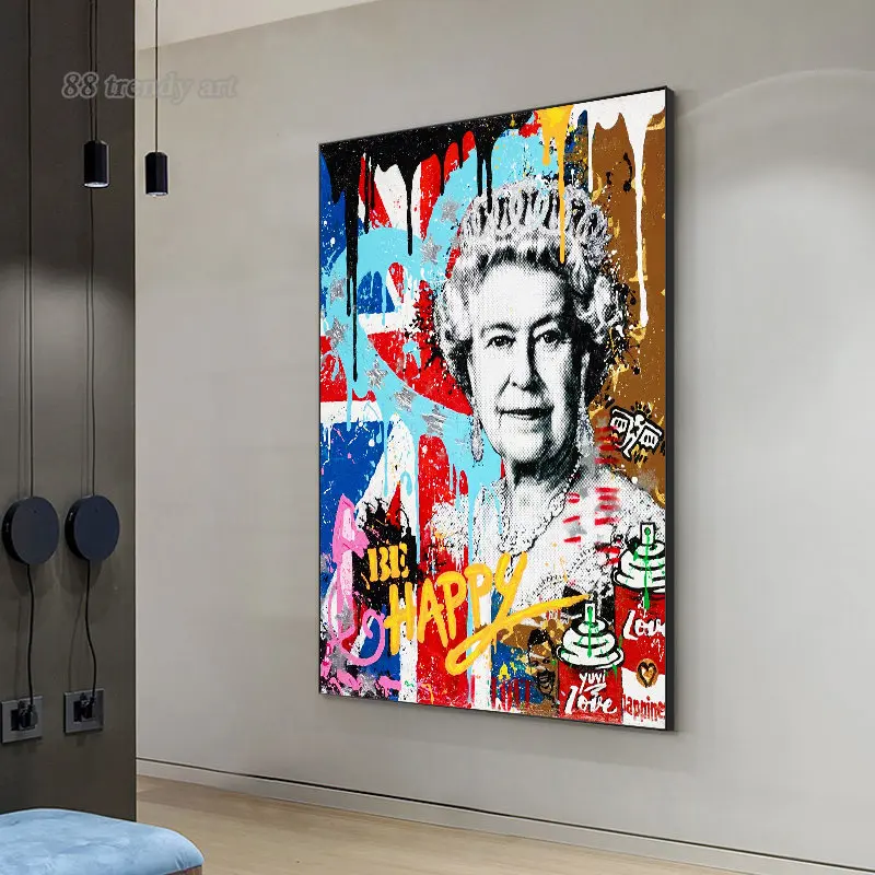 Slavný Portrét Elizabeth Graffiti, Plakát Anglii Královna Plátno Malba, Street Pop Art Zeď Obraz pro Domácí Obývací Pokoj Dekor