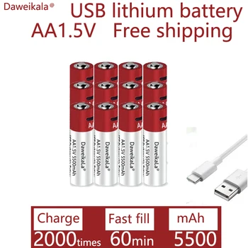 2021New AA USB dobíjecí lithium-iontová baterie 1,5 V AA 5500mah / Li ion baterie hodinky hračky pro MP3 přehrávač, teploměr klávesnice