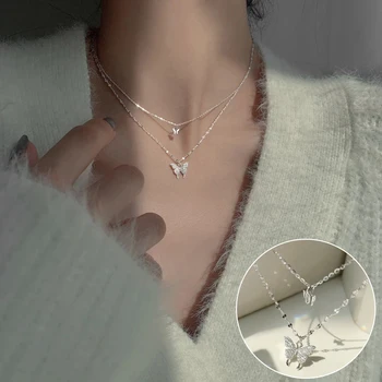 2022 Nový Lesklý Motýl Crystal Náhrdelník Náhrdelník Collier Ženy Dvojité Vrstvy Klíční kost Řetěz Náhrdelník Šperky pro Dámy Dárek