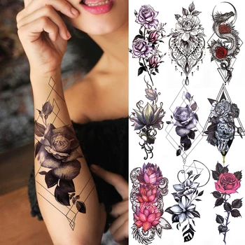 3D Černá Květina Dočasné Tetování Pro Ženy, Růže, Pivoňka, Lotus Tetování Nálepka Falešné Šperky Řetězy Geometrický Trojúhelník Tetování Obtisk