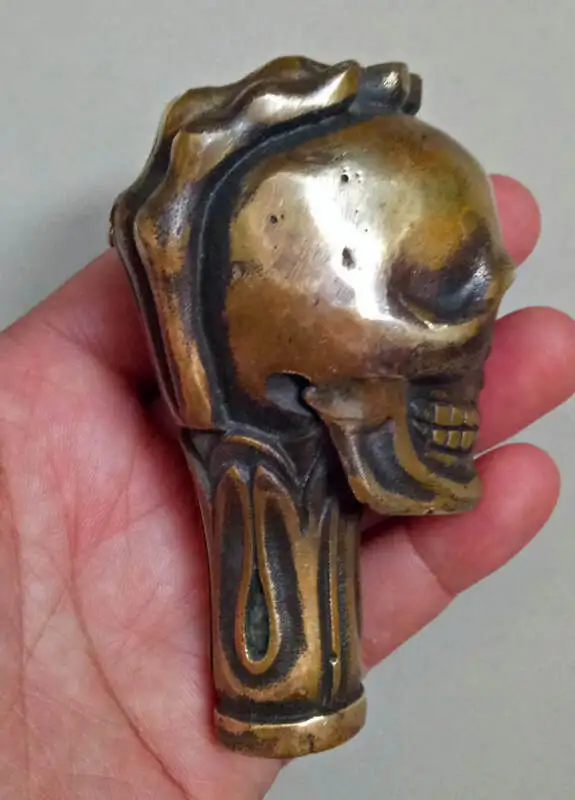 Staré Čínské Bronzové Ručně Vyřezávané Lebky Socha Hůl Vycházková Hůl Hlavy
