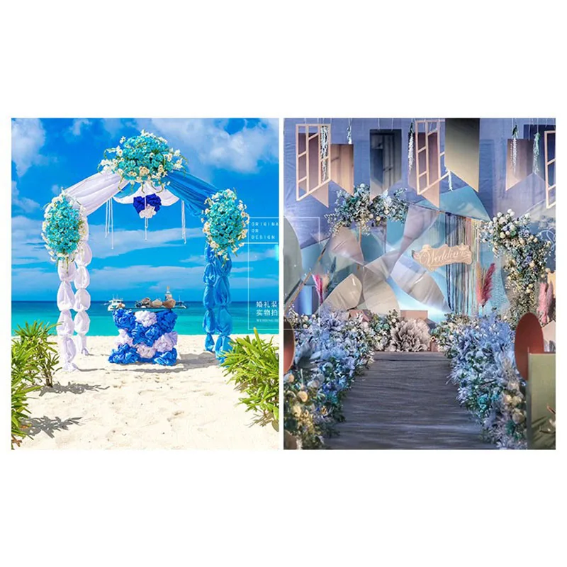 Vlastní modré bílé svatební rekvizity arch pozadí party dekor umělá květina řadě hedvábí venkovní trávník falešné aranžování květin