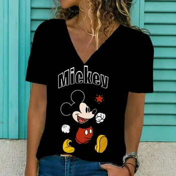 Disney Minnie Mickey Mouse Kreslení T-Shirt Ženy Harajuku T-Shirt Krátký Rukáv V-Neck T-Shirt Letní Ženy Ležérní Tričko