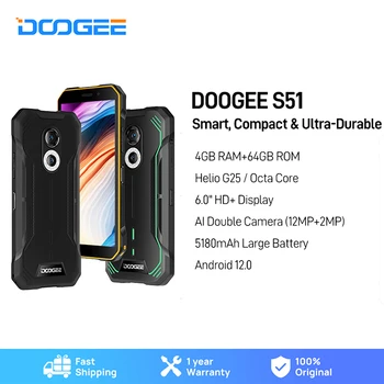DOOGEE S51 Robustní Telefon 4GB +64GB 12MPX AI Dvojitý Fotoaparát 5180mAh Mobil 6.0