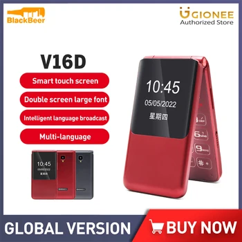 GIONEE V16D 4G Funkce Telefonu 2GB 16GB Velký tlačítkový Mobil Véčko Dual Screen Flip Telefon pro Seniory Whatsapp 3000mAh