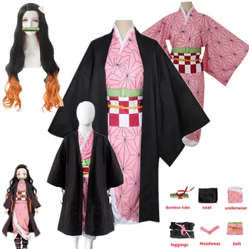 Japonské Anime Demon Slayer Kimetsu č. Yaiba Cosplay Kostým Nezuko Kamado Kimono Jednotné Halloween Oblečení Kabát, Paruka Bambusové Trubice