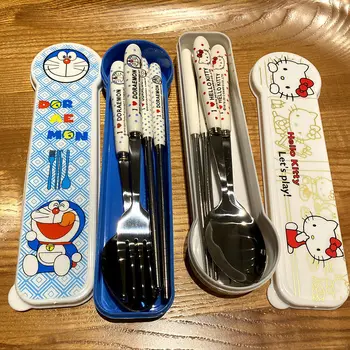 Kawaii Hello Kitty Kovová Vidlička jídelní Hůlky, Lžíce Sada Roztomilý Přenosné Cestovní Příbory Tři-Dílná Sada Děti s Rýží Příbory