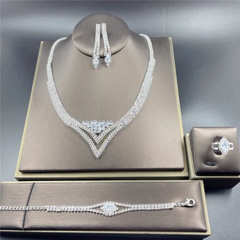 Luxusní Crystal Zirkon Svatební Šperky Sady Drahokamu Náhrdelník Náhrdelník Náušnice Náramek Prsten Svatební Dubaj Korálky Šperky Set