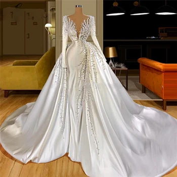 Luxusní Svatební Šaty, Perly Rukávy Přizpůsobené Dubaj Svatební Šaty Vyměnitelné Overskirt V Krku robe de mariee 2022