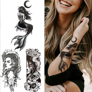 Mořská Panna Dočasné Tetování Pro Ženy, Dospělé Černé Harajuku Falešné Tetování Nálepka Kreativní Malování Had Květina Tetování Nohy Ruce Měsíc