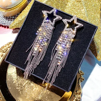 Módní Dlouhý Střapec Crystal Náušnice pro Ženy Bijoux Luxusní Lesklé Zlaté Barvě Hvězda Houpat Náušnice Šperky Dárky