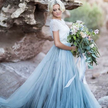 Nebe Modré Krajkové svatební Šaty Krátké Rukávy A-line Romantický Svatební Šaty vestidos de novia 2019 Levné Kvalitní Svatební Šaty