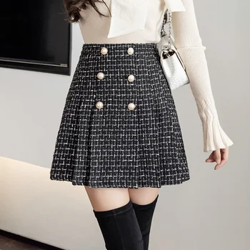 Nové Jarní Podzimní Mini Tvíd Sukně Ženy Sukně Dámské Módní Korean Vysokým Pasem Dvojité Breasted Skládaný Sukně