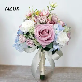 NZUK Rose Nevěsta Drží Květiny Svatební Kytice Vintage Umělé Morandi Zaprášená Růžová Bílá Květiny Svatební Ruku Kytice