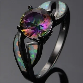 Nádherné Módní Černé Kovové Naplněné Vícebarevná Mystické Rainbow Stone Módní Bílá Opál Prsten