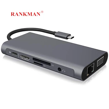 Rankman Type-C Hub Gigabit Lan RJ45 4K HDMI-kompatibilní VGA SD TF USB C 3.0 Dock pro MacBook Samsung S21 Dex Xiaomi 10 TV
