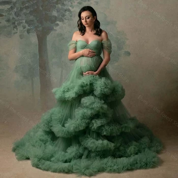 Sage Zelená Těhotenství Těhotenské Šaty focení Šaty Nadýchané Vrstvené Tylové Těhotenské Šaty pro Fotografování na Zakázku