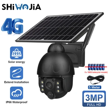 SHIWOJIA 3MP 4G Solární Venkovní Kamera WIFI Bezdrátový Solární Baterie PTZ Kamery PIR Lidských Detekce Home Security Cam
