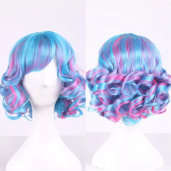 Vysoce Kvalitní Mix Modrá Růžová Krátké Kudrnaté Paruky S Ofinou Halloween Kostým Syntetické Vlasy Cosplay Paruka Pro Ženy Vysoké Teploty